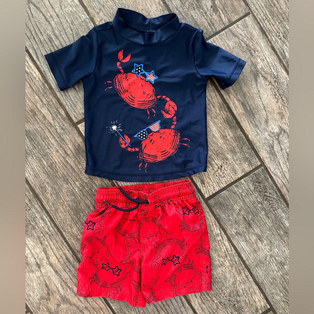 Carter's set baby toddler CRAB USA patriotic 2pc SWIMWEAR SWIMSUIT rash guard 🦀